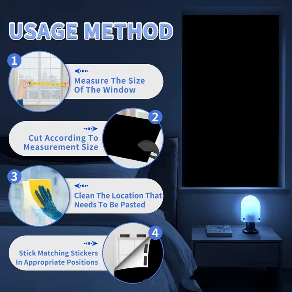 Step-by-step guide showing how to measure, cut, clean, and stick blackout window curtains.