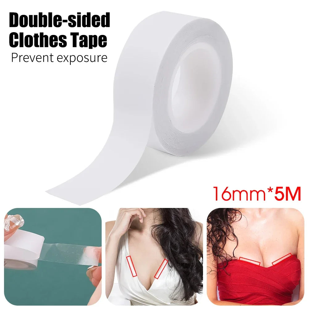 Roll of double-sided clear adhesive tape for preventing exposure on clothing