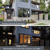 A two-part image showing a house exterior during the day and night, illustrating the effect of window film for privacy.