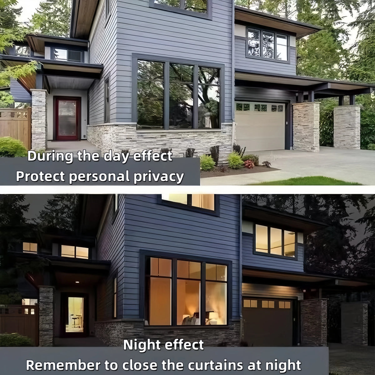 A two-part image showing a house exterior during the day and night, illustrating the effect of window film for privacy.