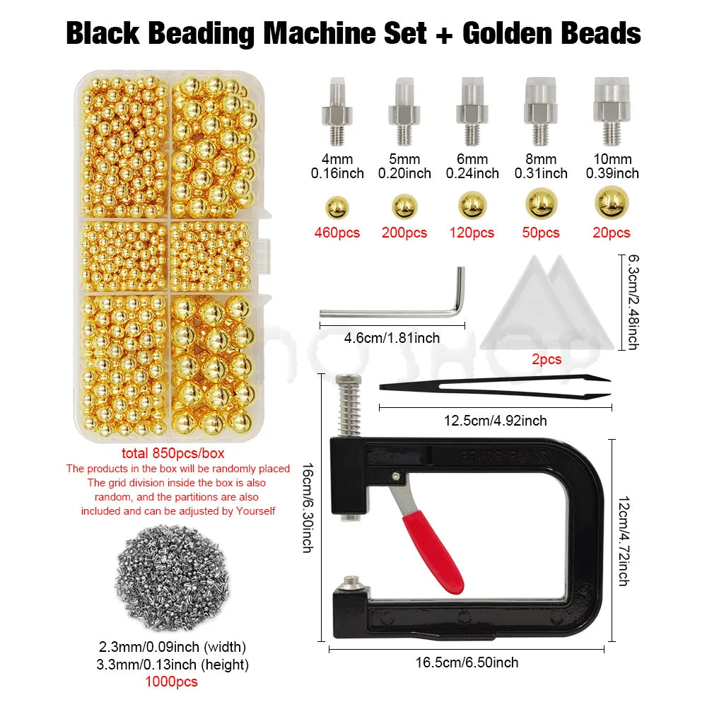 Black beading machine set with golden beads and various sized beads for crafting