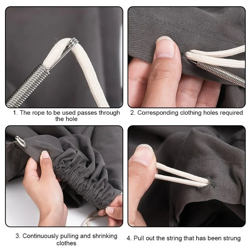 A set of stainless steel rope threading and drawstring tools demonstrating how to use the tools on clothing holes.
