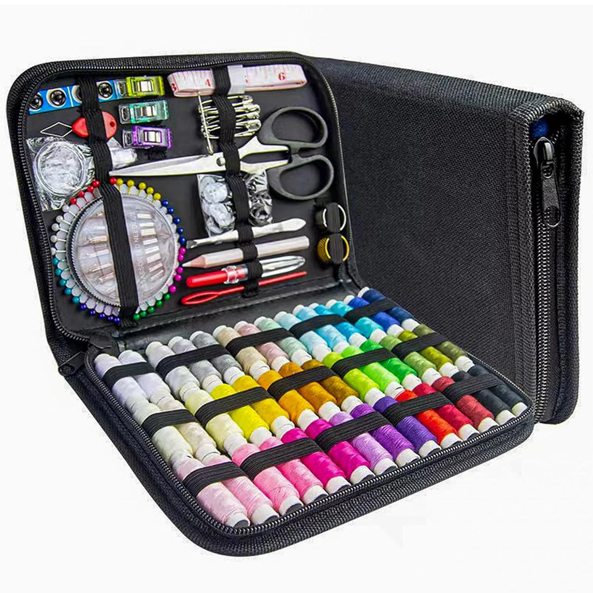 A black multi-function sewing kit containing various tools and colorful threads.