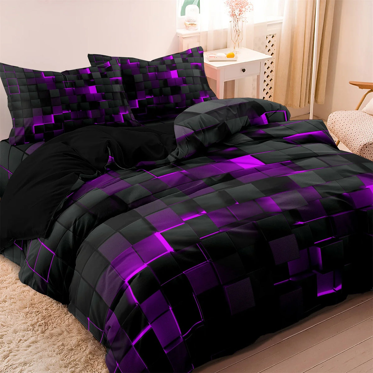 Black duvet cover featuring a geometric grid plaid pattern with purple LED lighting.