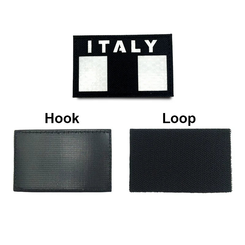 A set of black and white 3D tactical IR reflective patches, including a hook and a loop.