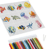 A cross stitch kit featuring various fish and sea creatures in colorful embroidery thread.