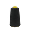 A spool of black polyester sewing thread with a yellow core.