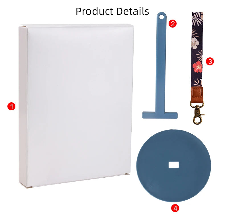 A set of adjustable yarn holder and winder components including a white box, a blue clip, and a dark fabric strap with a bras