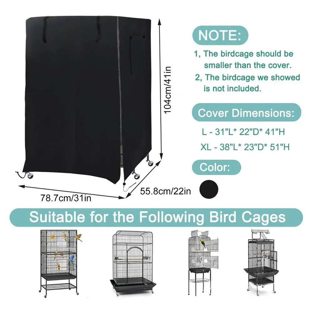 Black waterproof night cover for bird cages, shown with dimensions and compatibility list.