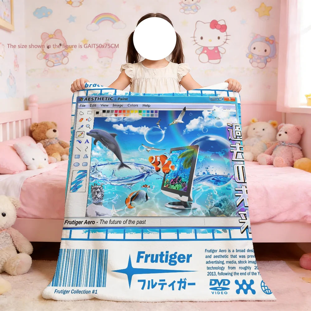A Frutiger Aero art throw blanket featuring a colorful digital landscape and fruit theme.
