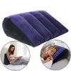 A purple inflatable body support pillow shown in use for travel, bed, and yoga.