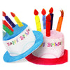 A set of colorful birthday candle hats with flame toppers and colored ribbons for party decoration.