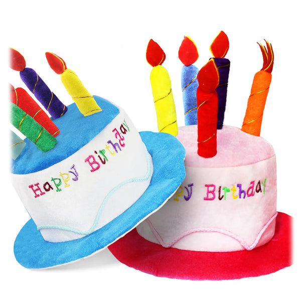 A set of colorful birthday candle hats with flame toppers and colored ribbons for party decoration.