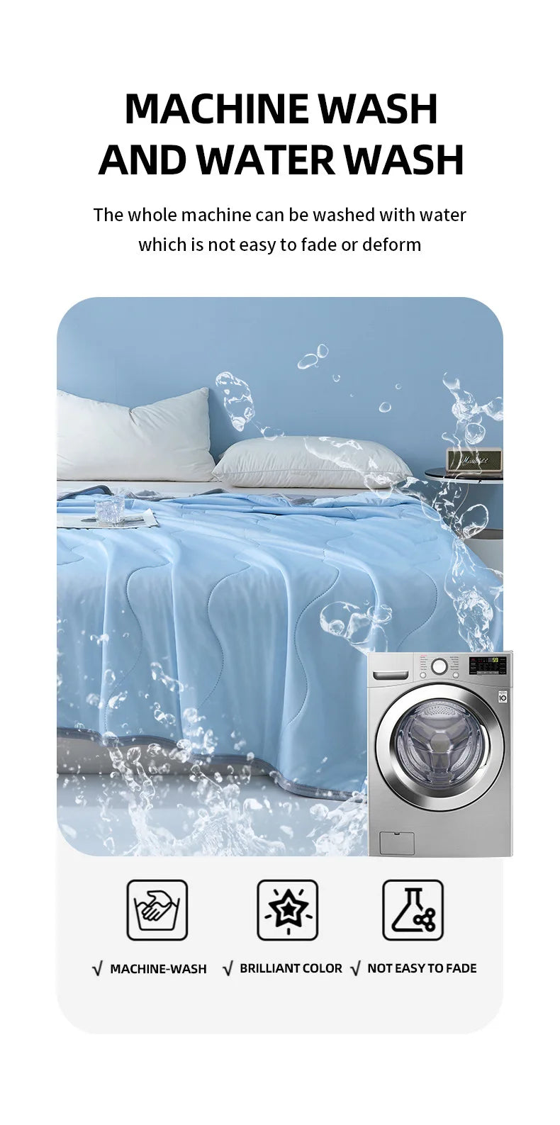 A light blue quilt being washed in a machine with water, demonstrating the fabric's ability to resist fading.