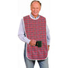 An older man wearing a red and black plaid waterproof mealtime bib over a light blue shirt.