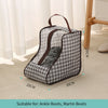 A checkered fabric storage bag designed for holding ankle or Martin boots, shown on a light floor.