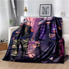 A dark purple and black anime throw blanket featuring characters from Jujutsu Kaisen in a dynamic pose.