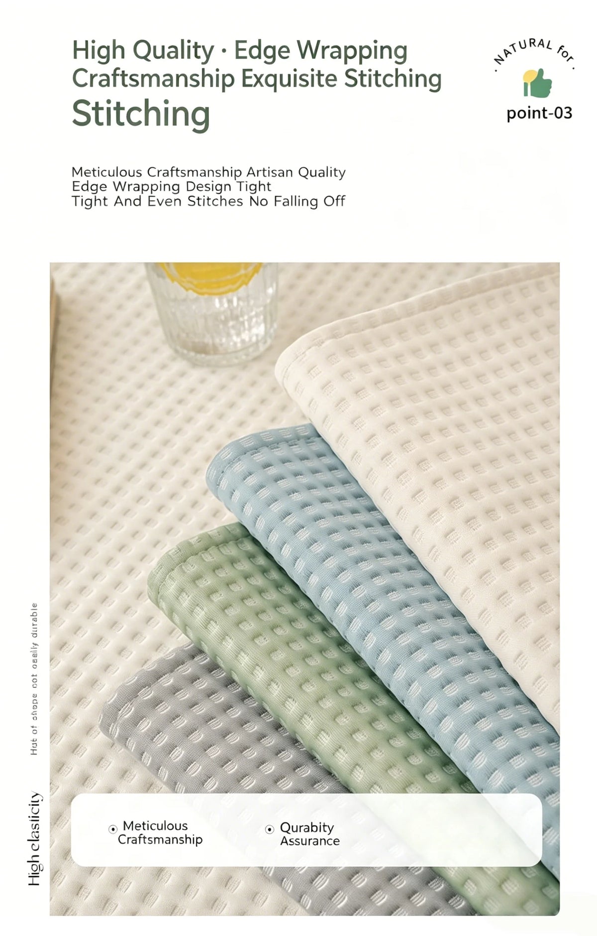 A stack of light colored fabric slipcovers in various shades of green and blue showing edge wrapping stitching detail