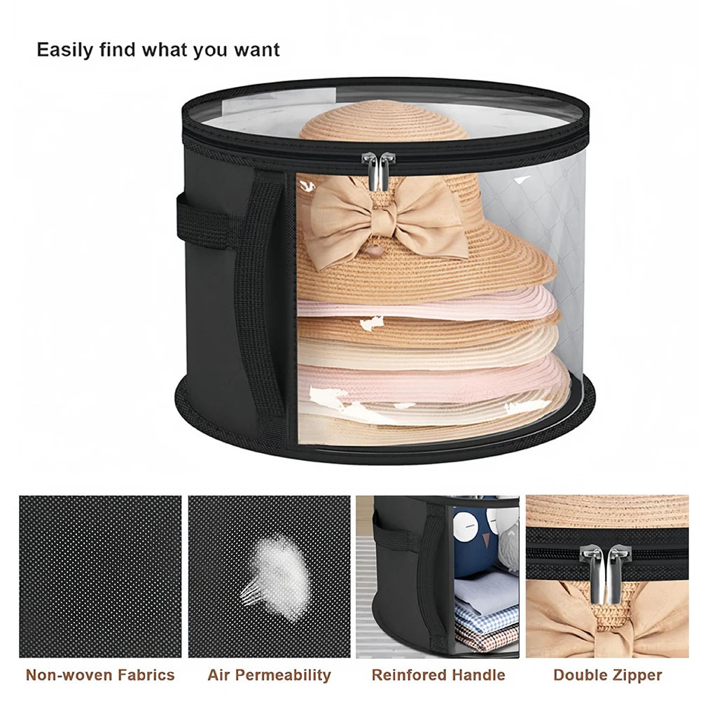 A black storage hat organizer made of non-woven fabric with a reinforced handle and double zipper.
