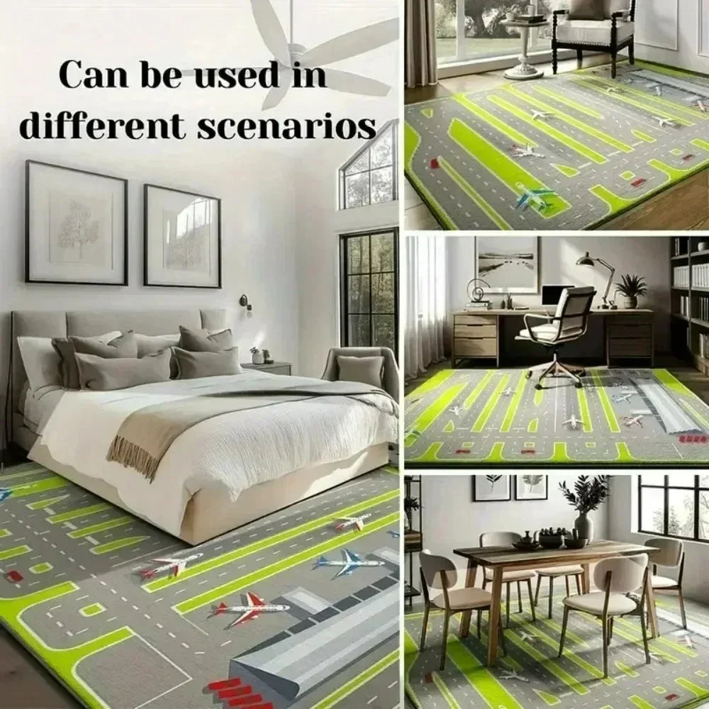 A tropical botanical outdoor area rug featuring a gray background with bright green and red geometric patterns.