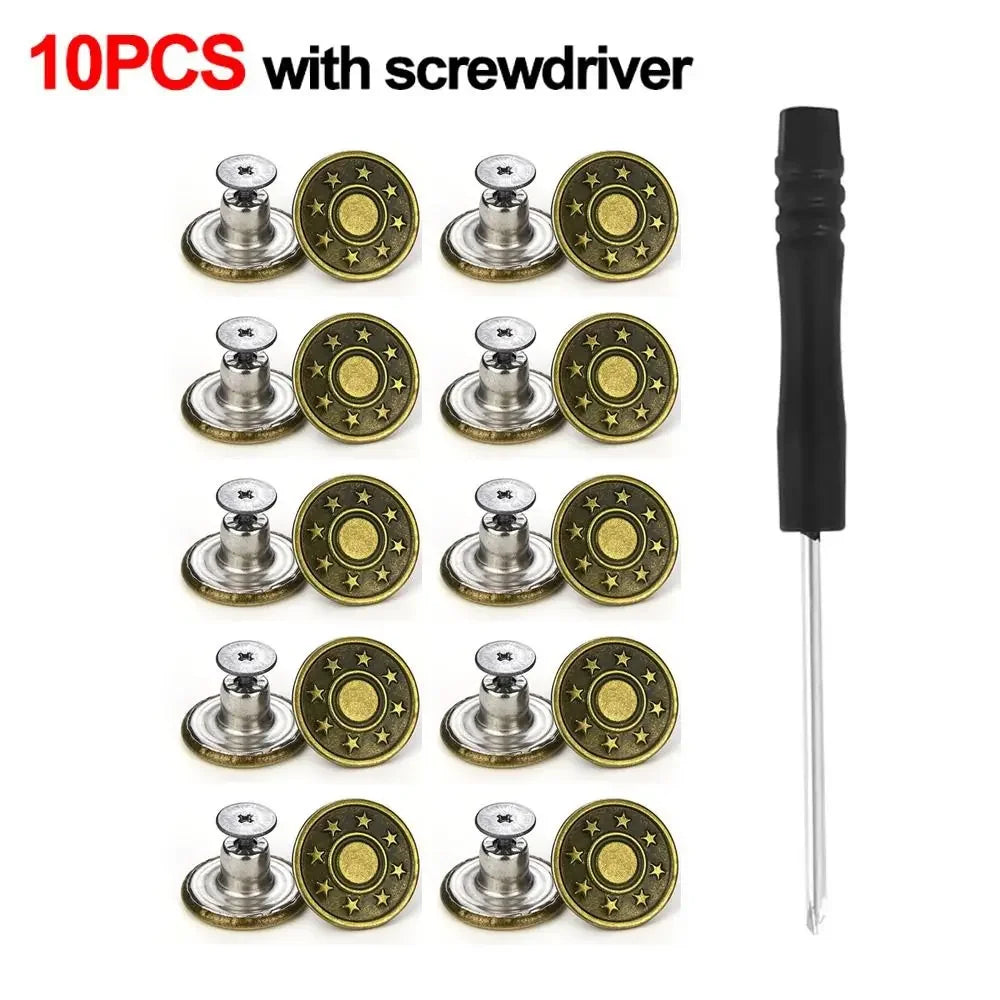 A set of ten metal jeans buttons and a screwdriver for repair kit