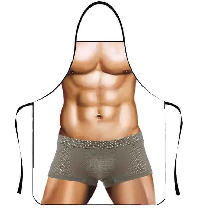A male model displays a toned abdomen wearing a versatile muscle and creativity apron.