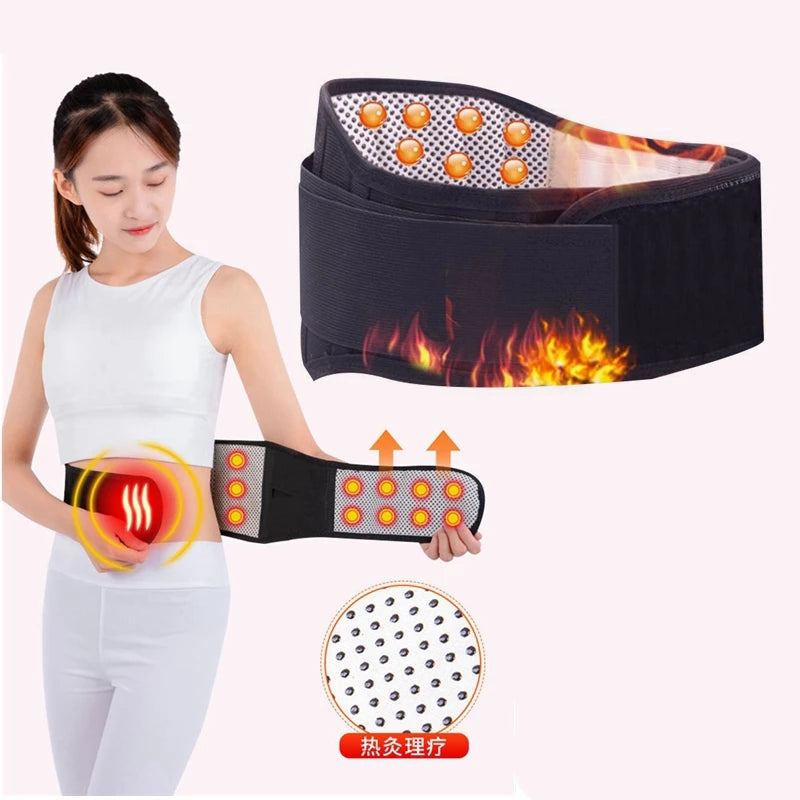 A woman is wearing a black magnetic therapy waist belt for lumbar support, demonstrating its use.