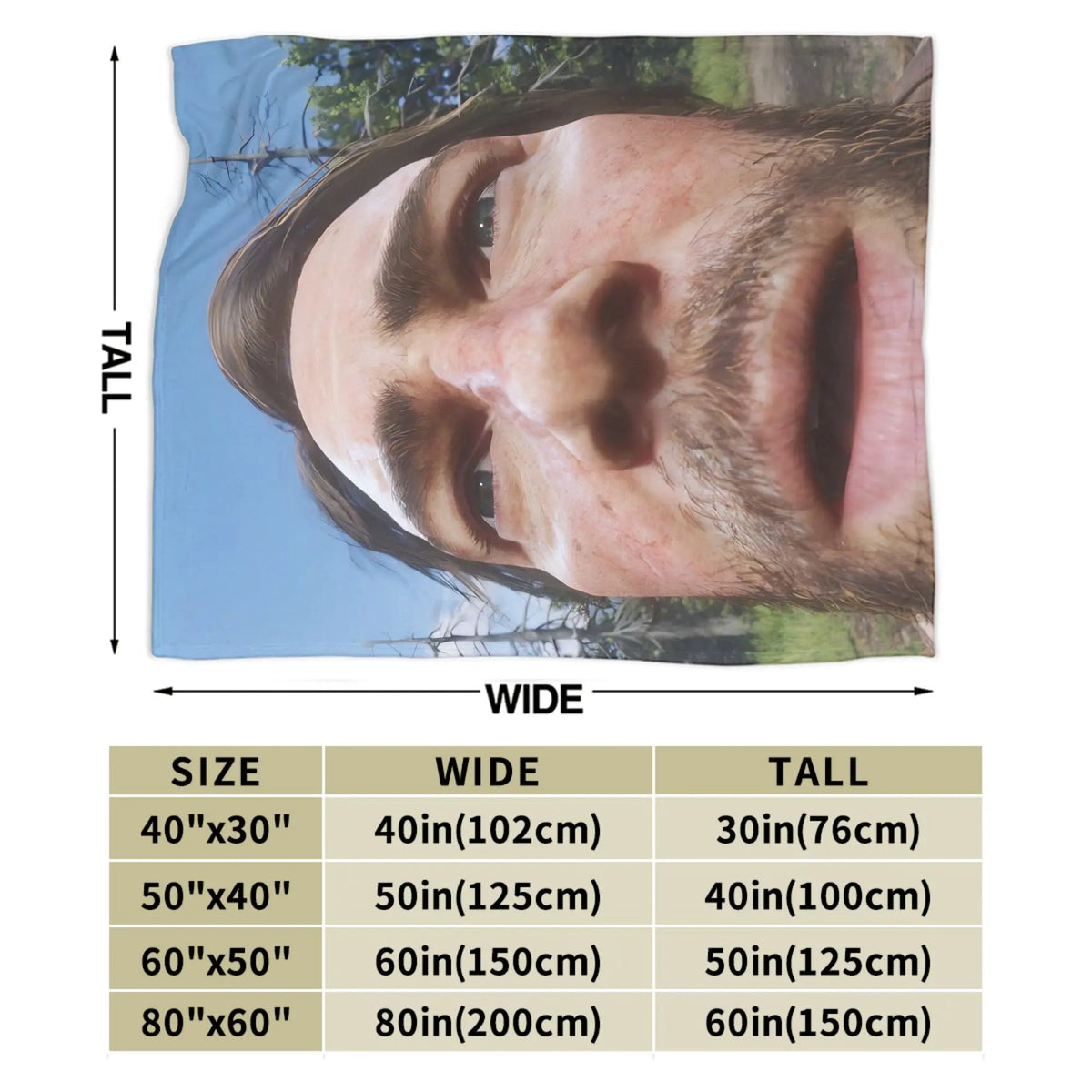 A rectangular print featuring a close-up of a man's face with a beard and mustache, displayed alongside size options.