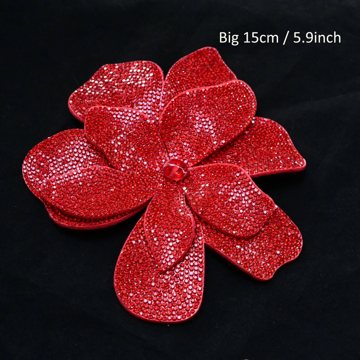 A vibrant red rhinestone flower applique patch measuring 15cm or 5.9 inches.