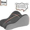 A gray memory foam wedge pillow shown with dimension markings and tips for expanding the shape.