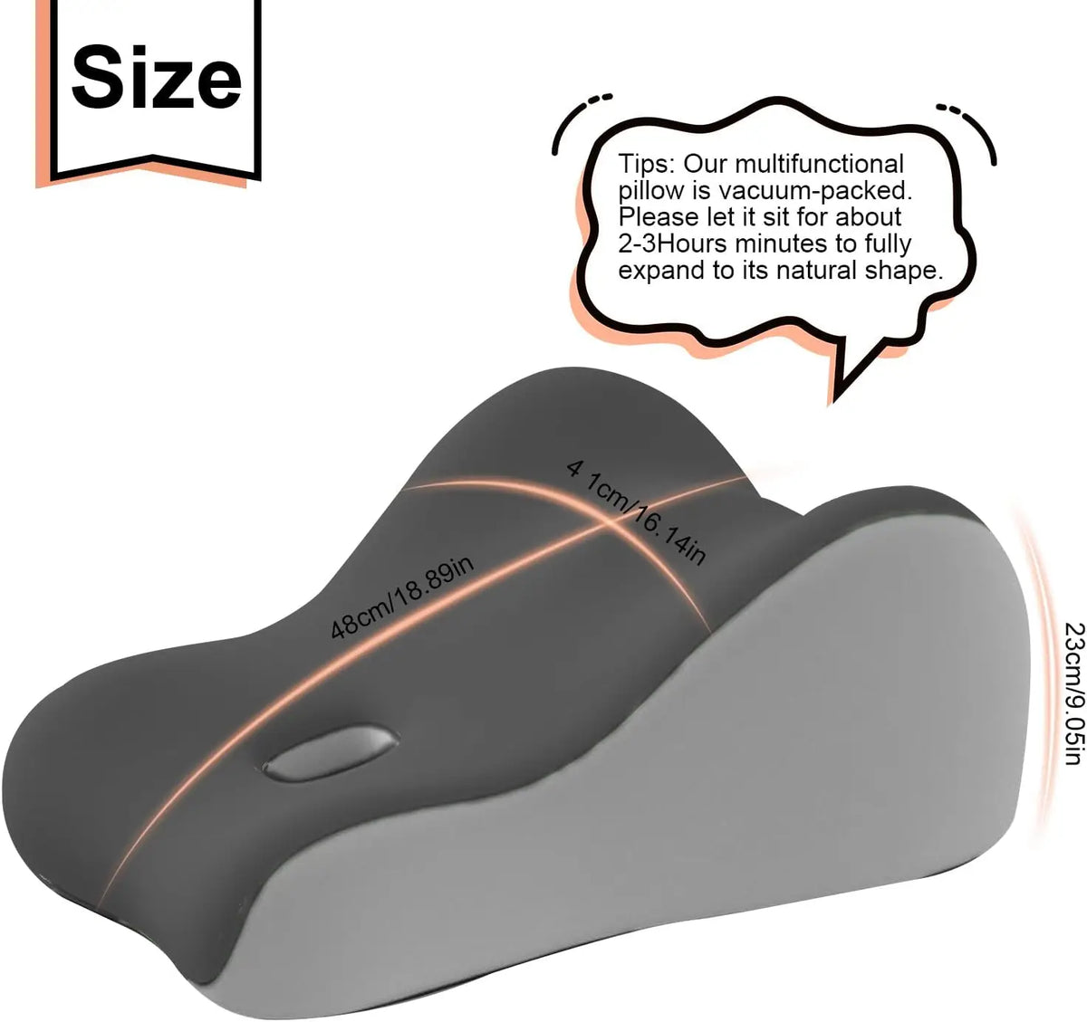 A gray memory foam wedge pillow shown with dimension markings and tips for expanding the shape.