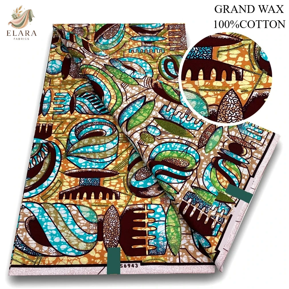 A bolt of brown and teal African wax print fabric featuring intricate geometric patterns.