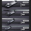 A set of black zippers with varying sizes and replacement sliders, showing measurements for 3 to 10 teeth.
