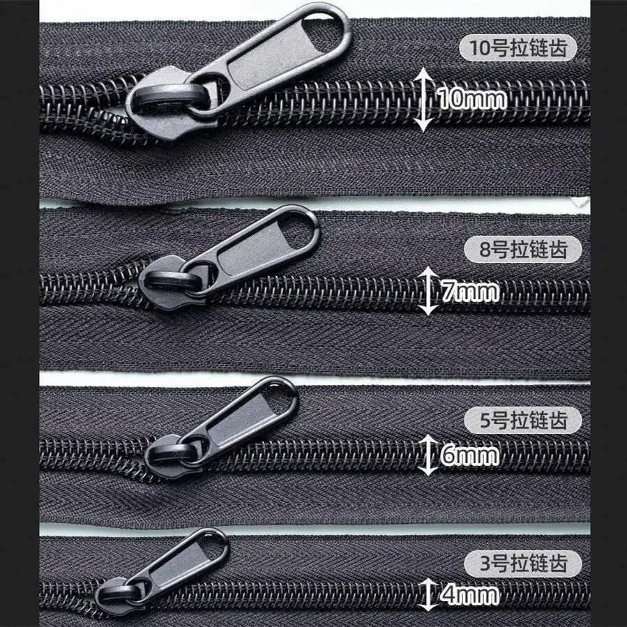 A set of black zippers with varying sizes and replacement sliders, showing measurements for 3 to 10 teeth.