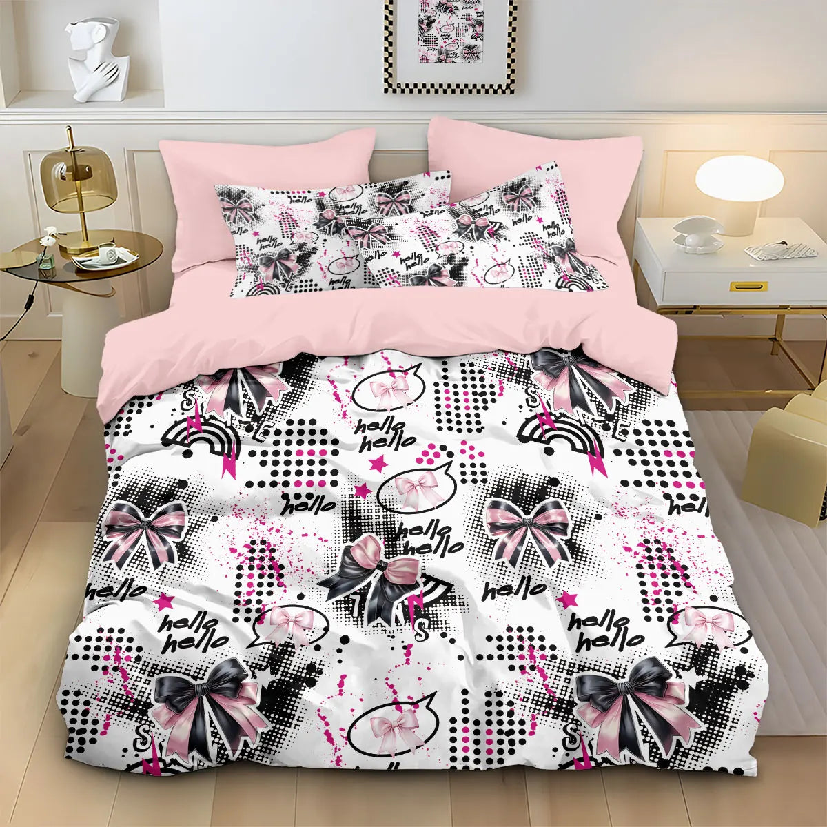 A pink duvet cover set featuring a white background with black and pink bow patterns and text