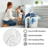 A woman is folding a blue and white throw blanket next to a white washing machine, with features listed below.