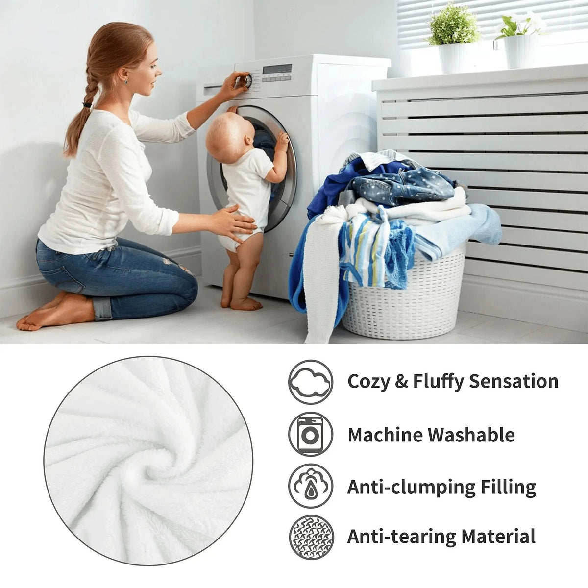 A woman is folding a blue and white throw blanket next to a white washing machine, with features listed below.