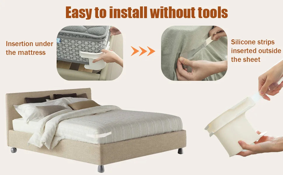 Instructions show how to easily install heavy duty fitted sheet clips by inserting them under the mattress or outside the she