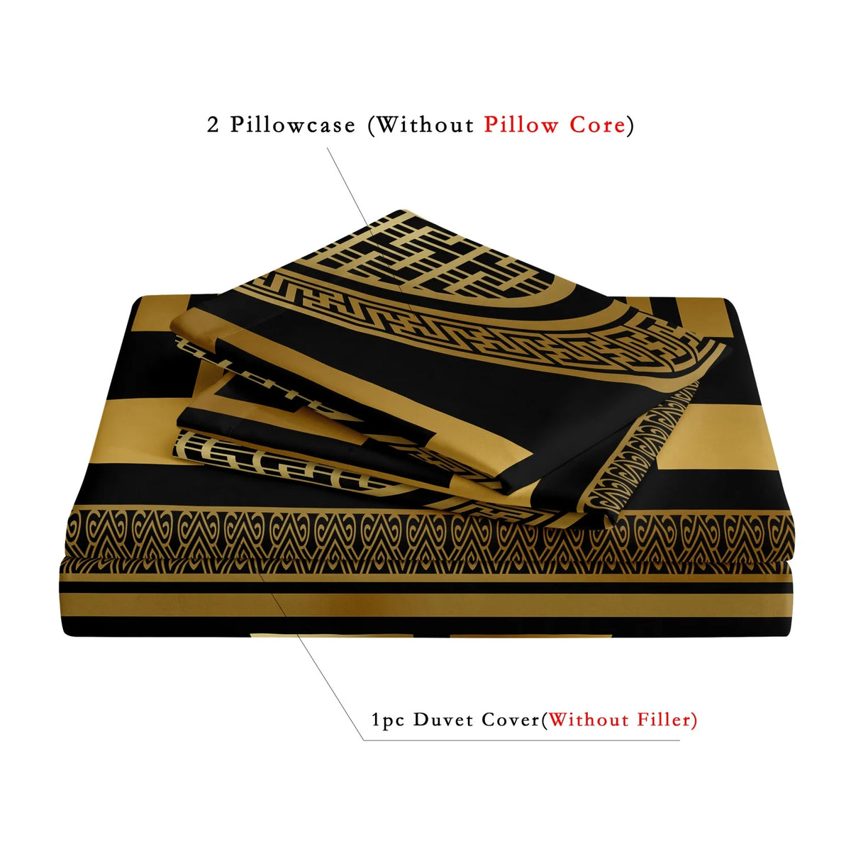 A set of black and gold geometric pillowcases and a duvet cover with intricate patterns.