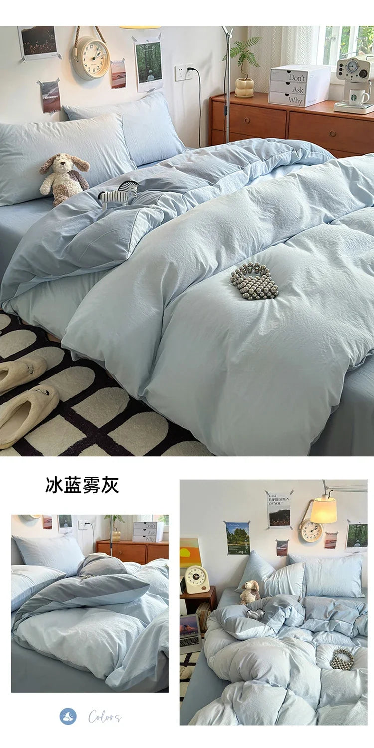 A set of ultra-soft washed cotton quilt bedding featuring light blue and white tones.