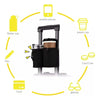 Diagram showing various items like water cup, mobile phone, paper cup, card coin, and card being held in a black suitcase cup
