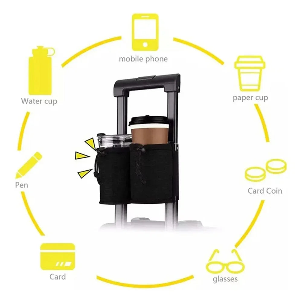 Diagram showing various items like water cup, mobile phone, paper cup, card coin, and card being held in a black suitcase cup