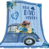 A light blue fabric throw blanket featuring a vintage car and floral decorations with the text Best Dad Ever