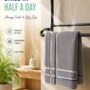 Gray face towels hanging on a rack with text promoting drying in half a day and odor-free features.