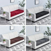 A white sofa with maroon and black cushion slipcovers displayed in various color combinations.