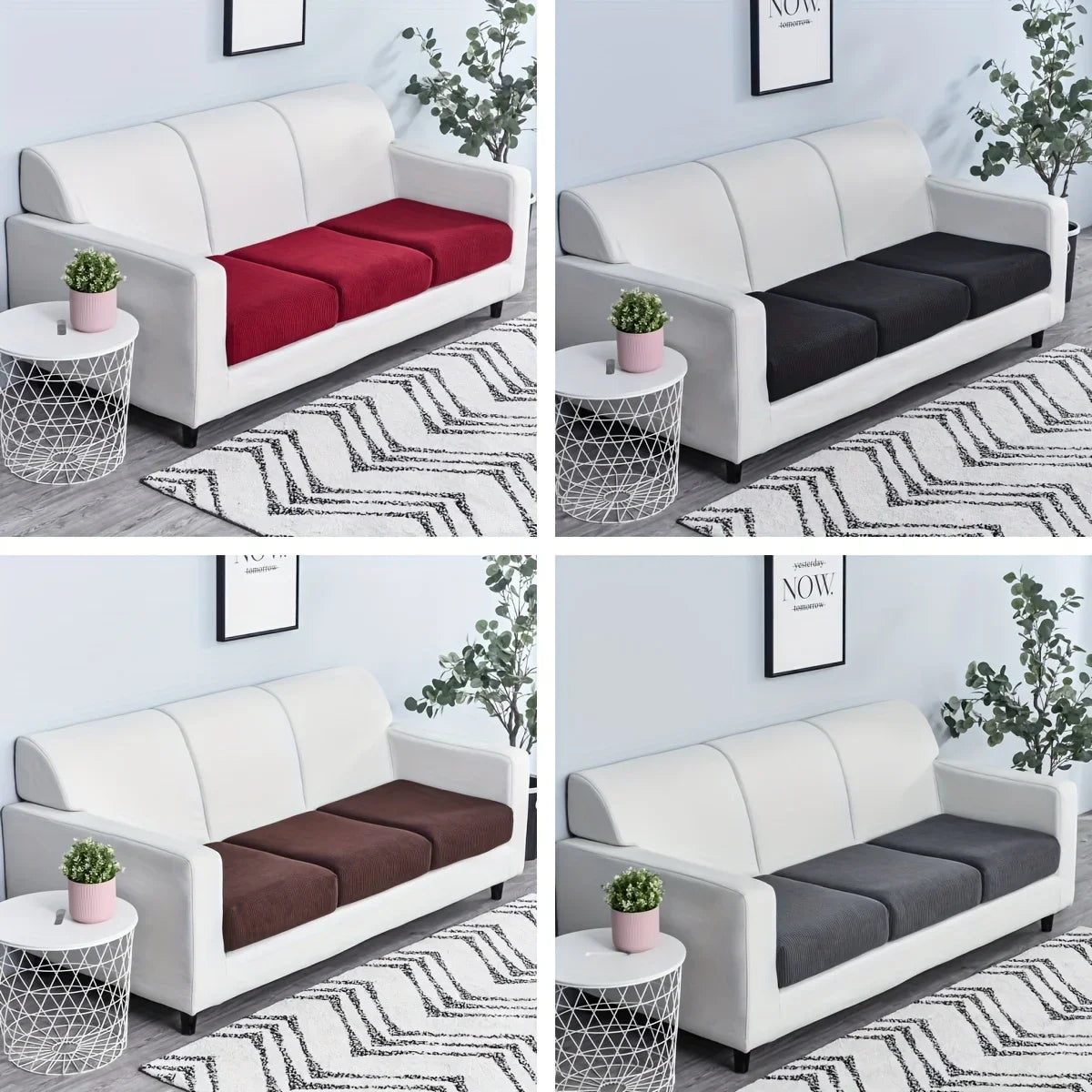 A white sofa with maroon and black cushion slipcovers displayed in various color combinations.