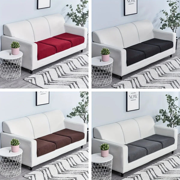 A white sofa with maroon and black cushion slipcovers displayed in various color combinations.