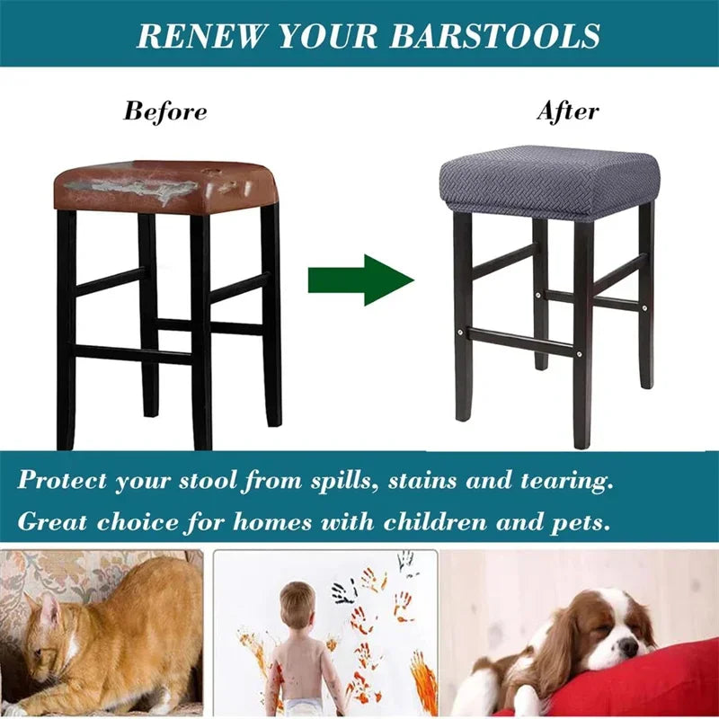 Before and after comparison of a bar stool slipcover protecting the stool from spills and stains.