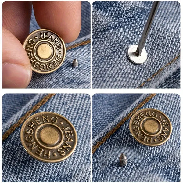 Close-up shots of gold-toned metal denim buttons sewn onto blue denim fabric.