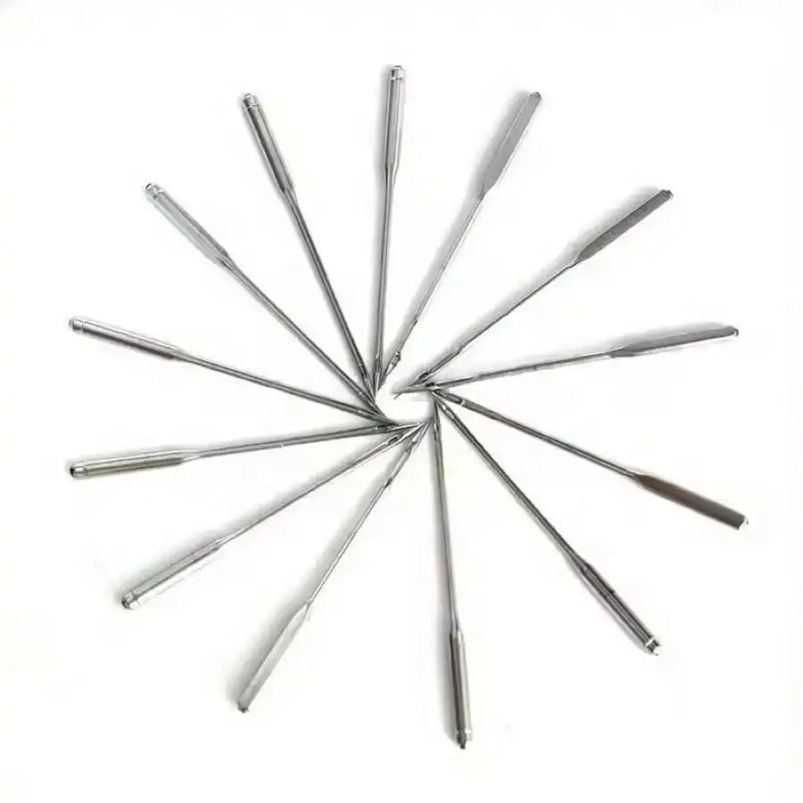 A set of silver universal sewing machine needles arranged radially on a white background.